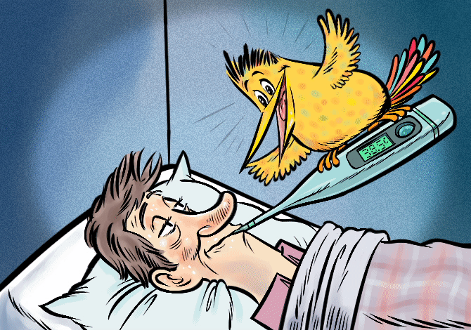 Animated GIF of a bird perched on a thermometer above a sick man in bed – get well greeting card