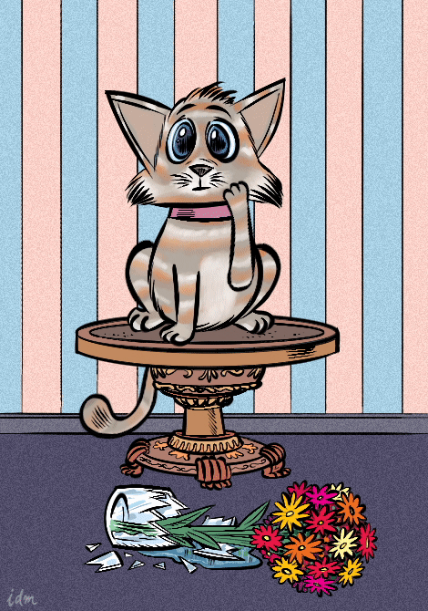 Animated GIF of a cat sitting next to a broken vase of flowers – apology eCard illustration