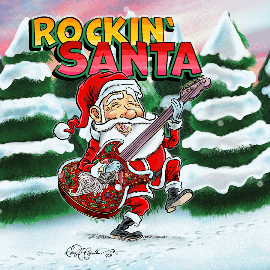 animated gif of a Cartoon Santa claus with an amazing Xmas guitar and falling snowflakes by Ian Marsden