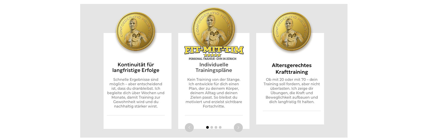 Slider mit Angeboten von Fit-Mit-Tim, inklusive individuelle Trainingspläne und altersgerechtes Krafttraining Zürich