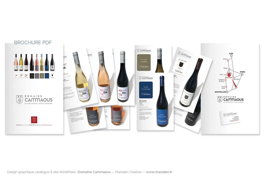 Catalogue imprimé Domaine Cammaous avec bouteilles, carte vectorielle et mise en page graphique par Ian David Marsden.