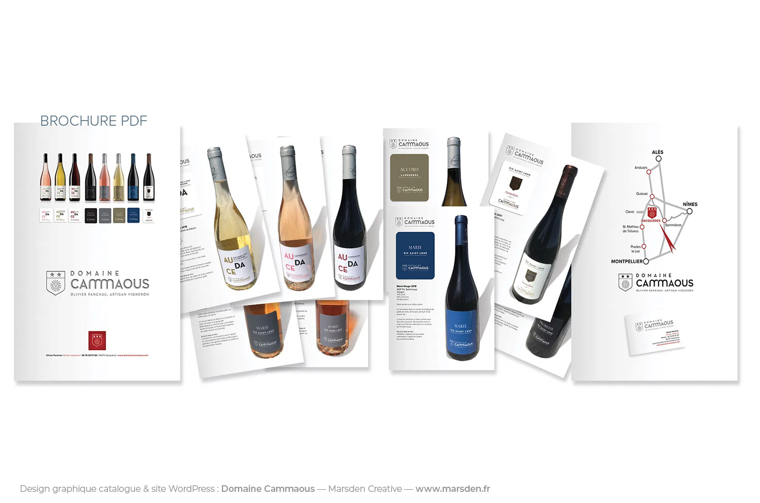 Couverture du catalogue Domaine Cammaous avec bouteilles et carte vectorielle.