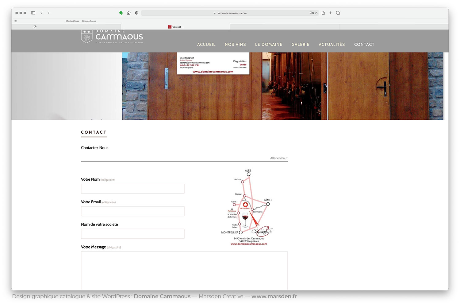 ormulaire de contact sur le site Domaine Cammaous avec carte vectorielle des environs.