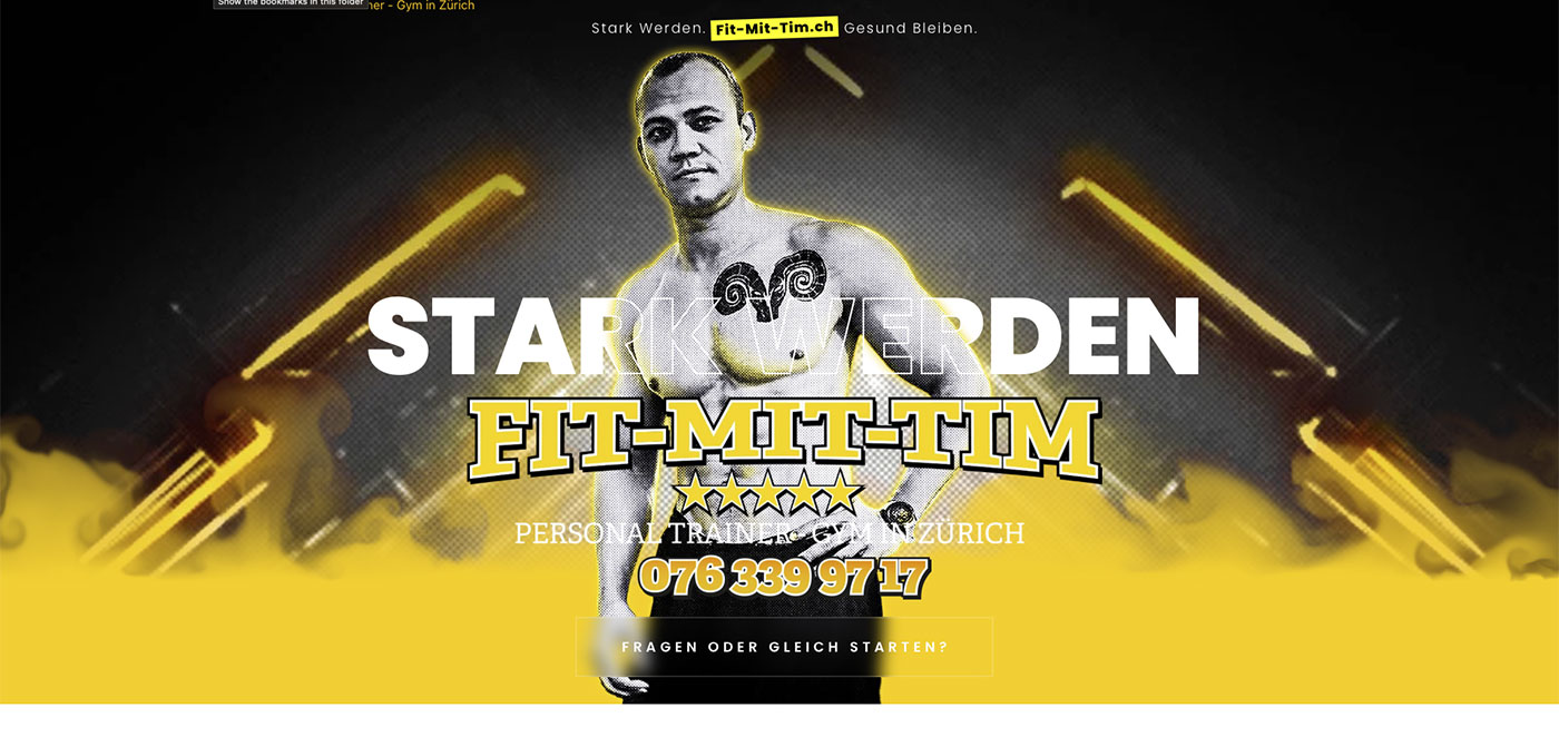 Startbild der Website Fit-Mit-Tim mit Tim Müller, Logo und Call-to-Action „Fragen oder gleich starten?“