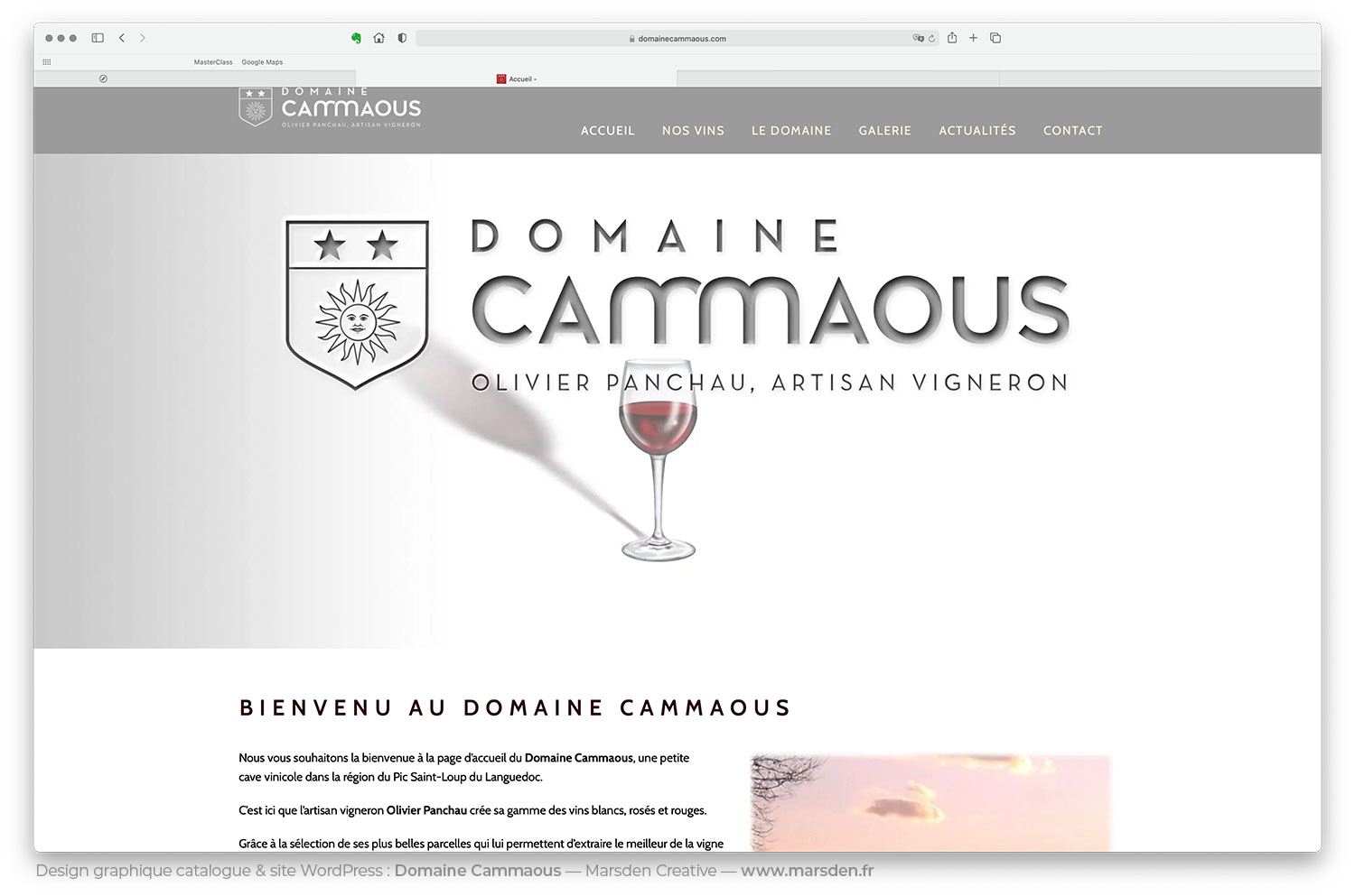 Titre du site Domaine Cammaous avec logo, design WordPress conçu par Marsden Creative.