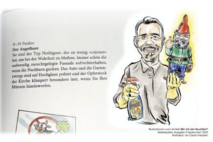 Karikatur eines biederen Mannes mit Gartenzwerg und Gnomex-Reiniger – gezeichnet von Ian David Marsden