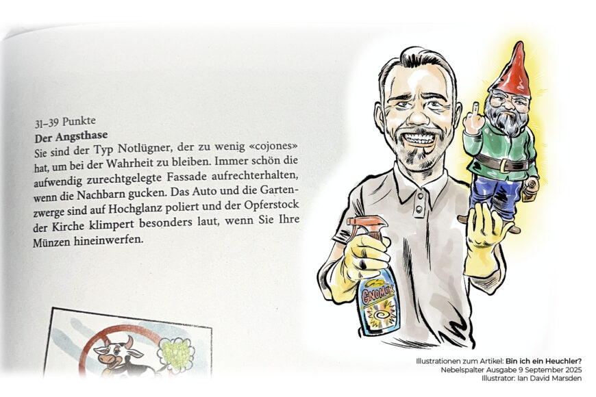 Karikatur eines biederen Mannes mit Gartenzwerg und Gnomex-Reiniger – gezeichnet von Ian David Marsden