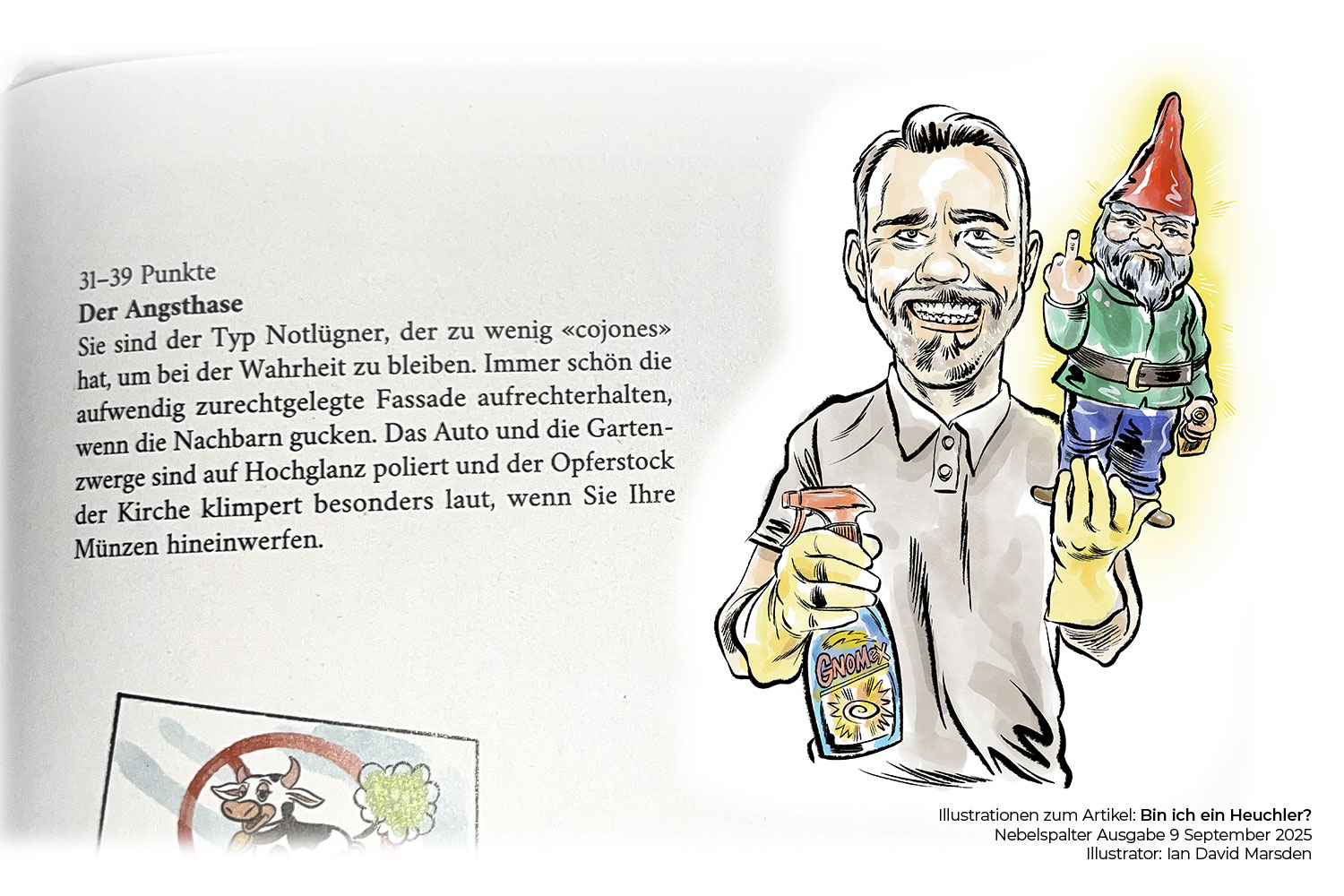 Karikatur eines biederen Mannes mit Gartenzwerg und Gnomex-Reiniger – gezeichnet von Ian David Marsden