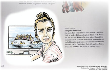 rau mit besorgtem Blick vor TV-Bild von Flüchtlingsboot – redaktionelle Illustration von Ian David Marsden