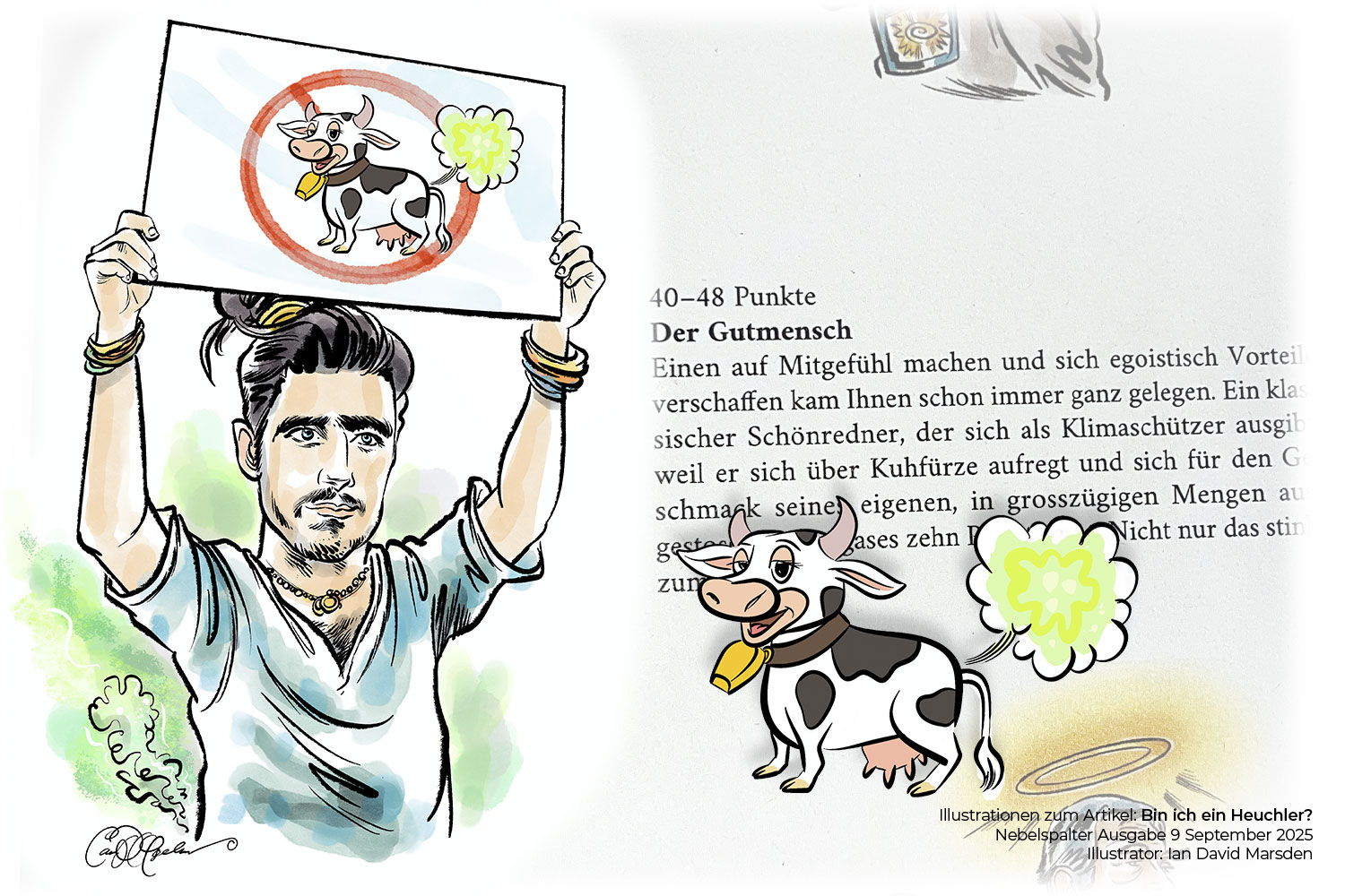 Illustration eines Aktivisten mit Anti-Kuh-Furz-Plakat – satirische Zeichnung von Ian David Marsden für Nebelspalter