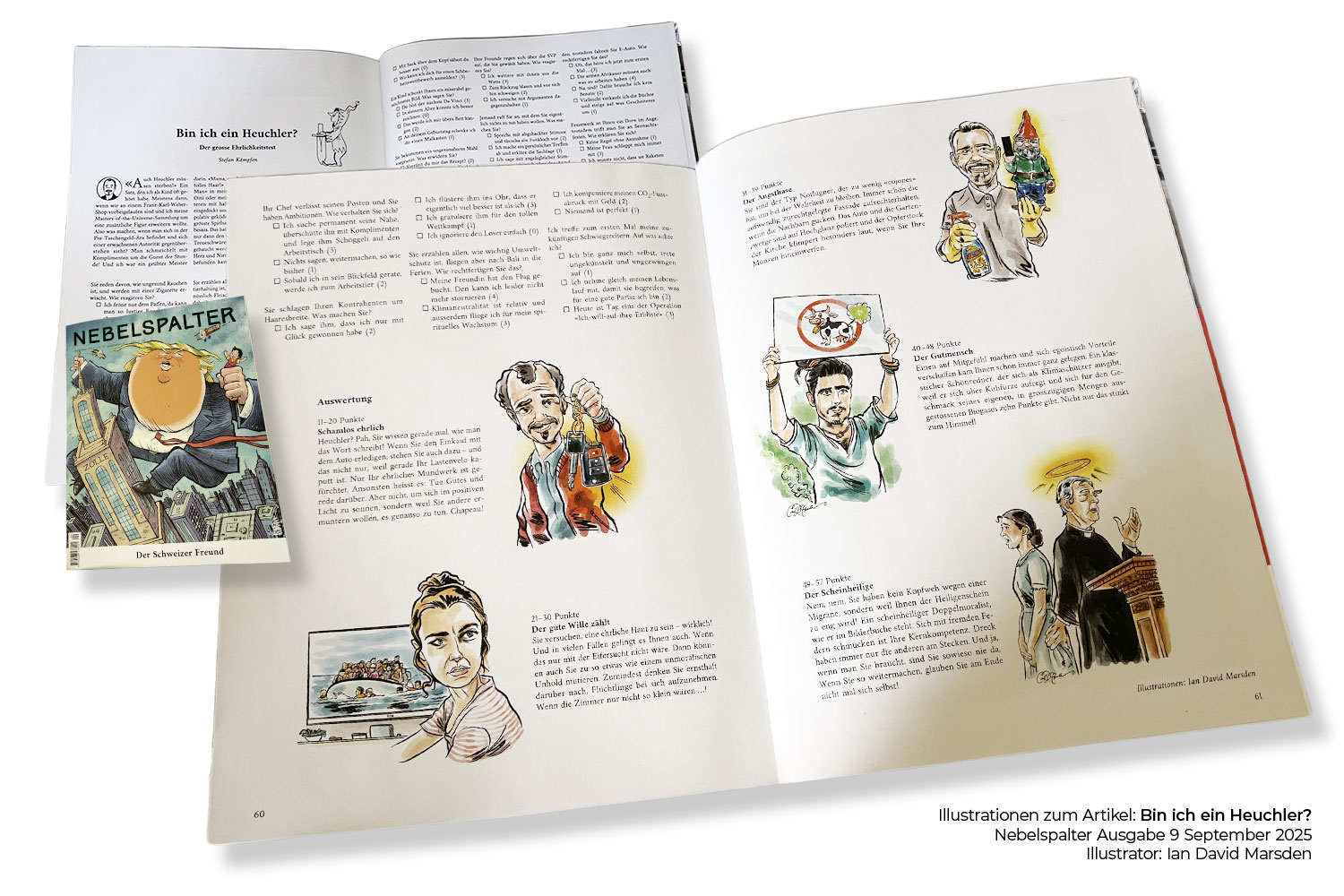 Übersicht der illustrierten Satire-Auswertung im Nebelspalter-Magazin, gezeichnet von Ian David Marsden