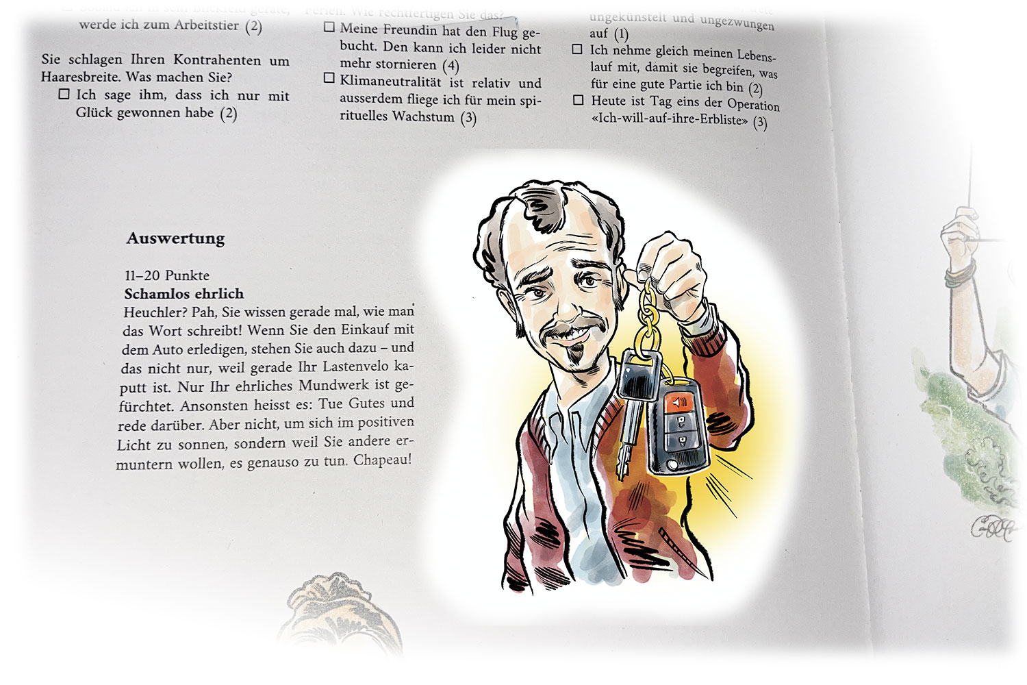 Mann mit Autoschlüssel und ehrlichem Lächeln – Karikatur von Ian David Marsden für Nebelspalter