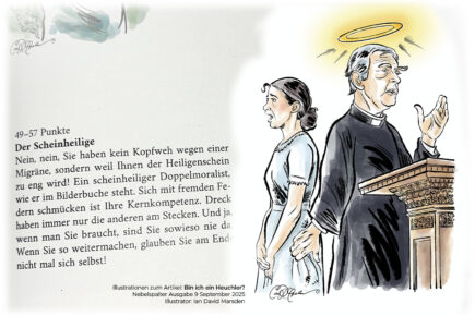 Illustration eines scheinheiligen Geistlichen mit Heiligenschein, der heimlich einer Frau unter den Rock greift – gezeichnet von Ian David Marsden für Nebelspalter