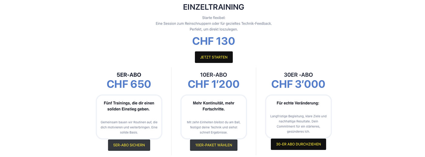 Preisübersicht Personal Training Zürich mit Tim Müller, Einzelstunde und Abopakete auf Fit-Mit-Tim.ch