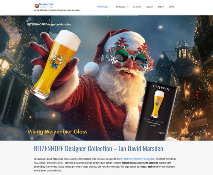 Santa Claus holding RITZENHOFF Viking Weizenbier Glass designed by Ian David Marsden