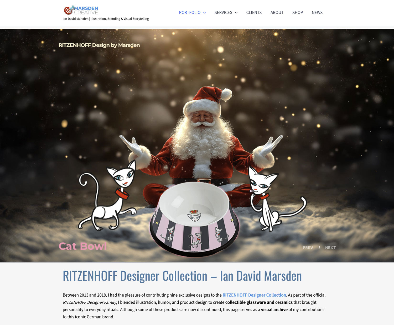 Santa Claus with RITZENHOFF Cat Bowl featuring cat illustrations by Ian David Marsden