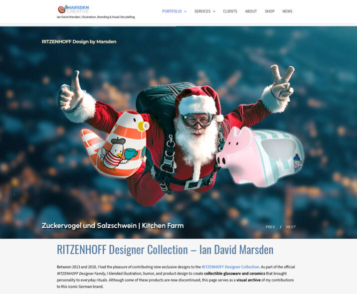 Santa Claus flying with RITZENHOFF Kitchen Farm Sugarbird and Salt Pig designed by Ian David Marsden