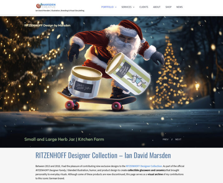 Santa Claus skateboarding with RITZENHOFF Kitchen Farm Herb Jars designed by Ian David Marsden