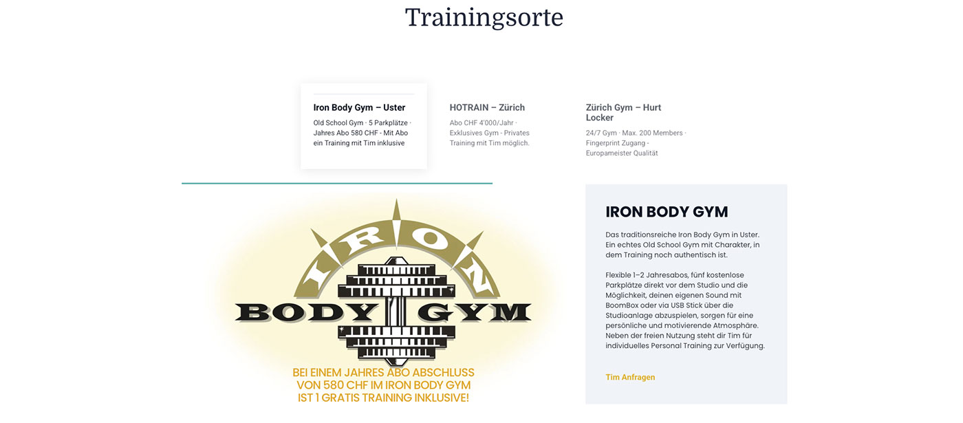 Übersicht Trainingsorte von Tim Müller, Fit-Mit-Tim Zürich, inklusive Iron Body Gym und HOTRAIN