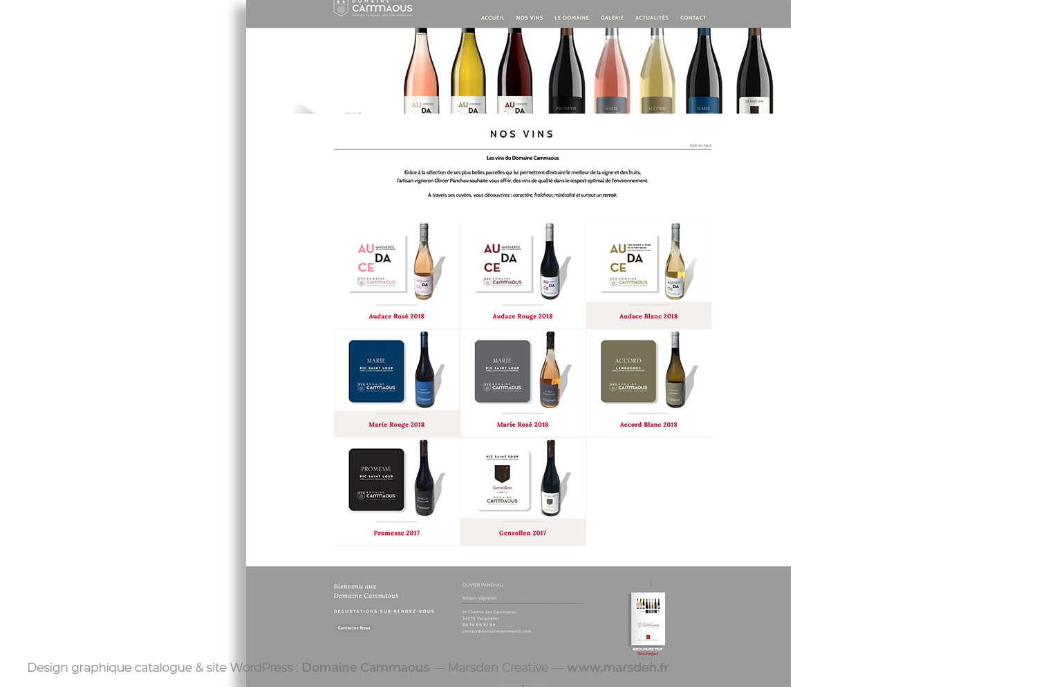 Captures des fiches produit sur le site Domaine Cammaous montrant les étiquettes et bouteilles.