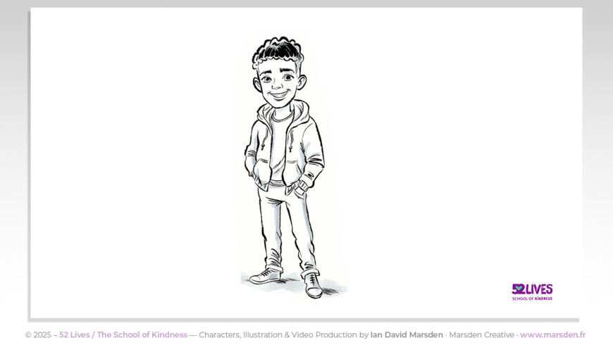 Character illustration of Sam from “The Science of Kindness” explainer video, drawn by Ian David Marsden.