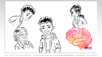Cartoon characters from kindness explainer video including Sam, old lady, classmates, and smiling brain illustration.