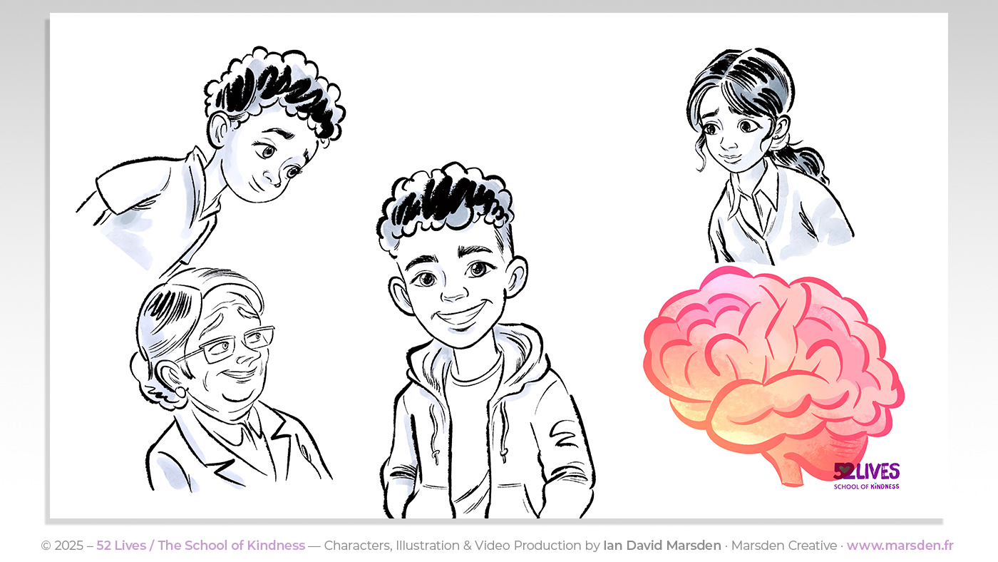 Cartoon characters from kindness explainer video including Sam, old lady, classmates, and smiling brain illustration.