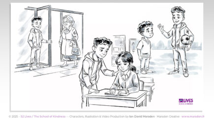 Montage of three acts of kindness by Sam, drawn in cartoon whiteboard style for UK educational explainer video.