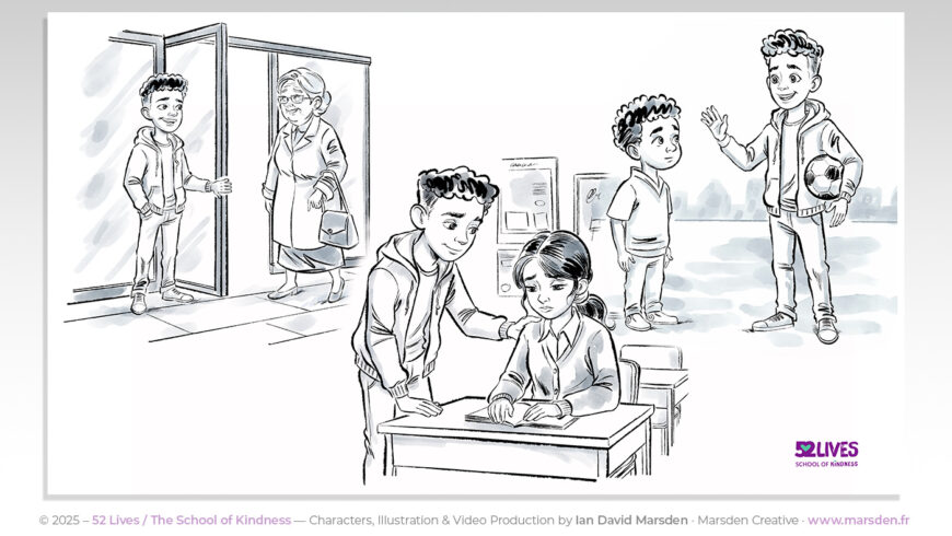 Montage of three acts of kindness by Sam, drawn in cartoon whiteboard style for UK educational explainer video.