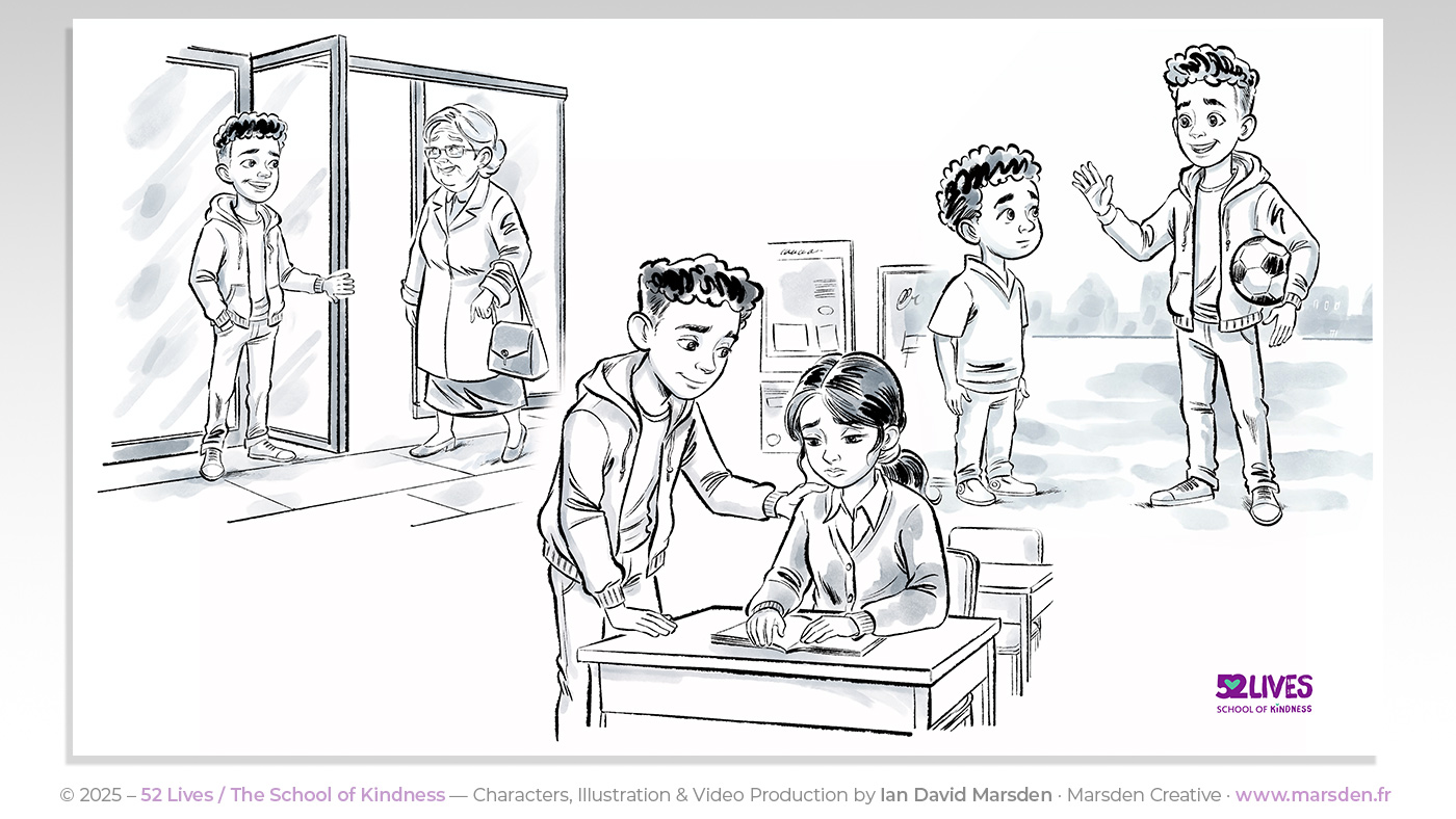 Montage of three acts of kindness by Sam, drawn in cartoon whiteboard style for UK educational explainer video.