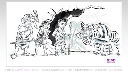 Cartoon scene of early humans and a saber-tooth tiger from the explainer video “The Science of Kindness.”