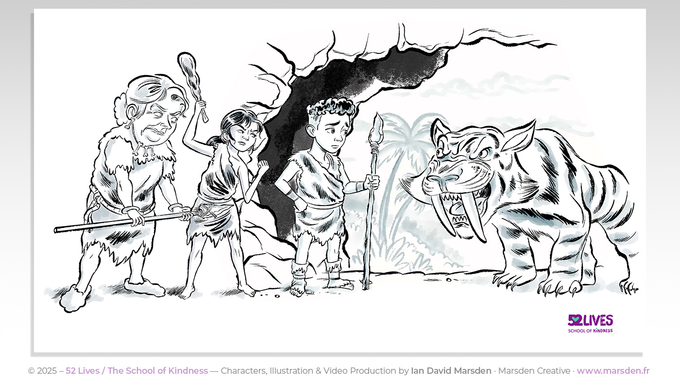 Cartoon scene of early humans and a saber-tooth tiger from the explainer video “The Science of Kindness.”