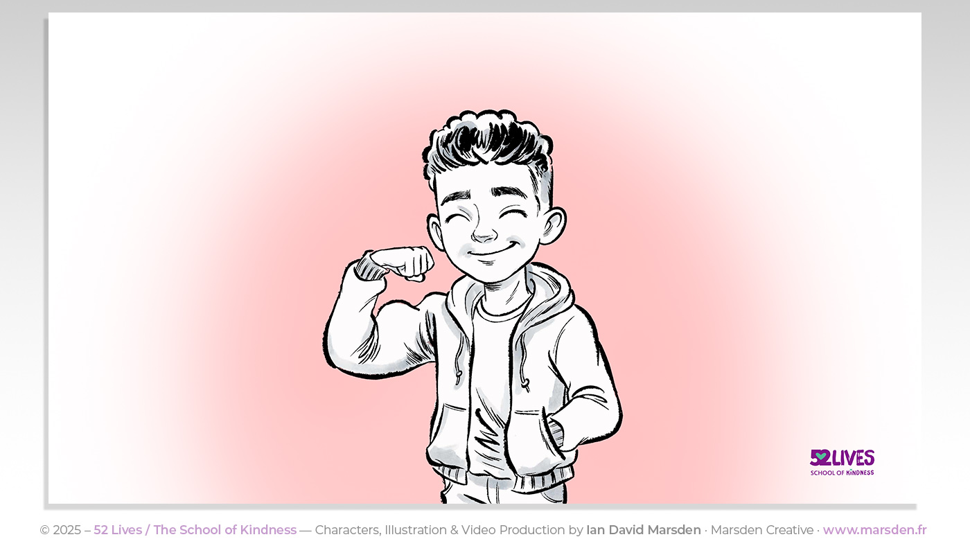 Cartoon of smiling Sam flexing muscles, representing confidence from kind actions.