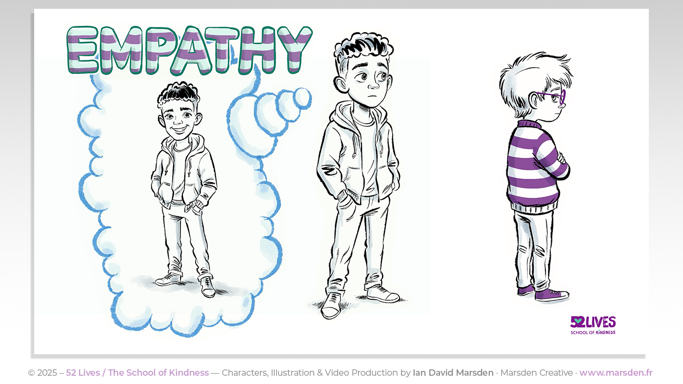 Cartoon child imagines himself in another’s shoes to understand their feelings in this empathy scene from a kindness video.