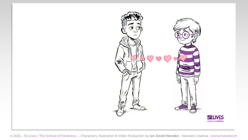 Sam and another child exchange hearts as a symbol of empathy in this whiteboard animation still.