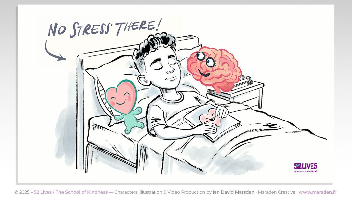 Cartoon child sleeps peacefully with smiling brain and heart beside him, from kindness explainer video.