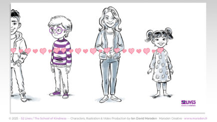 Hearts link multiple characters in this visual metaphor for how kindness spreads through communities.