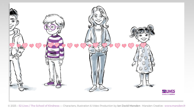 Hearts link multiple characters in this visual metaphor for how kindness spreads through communities.