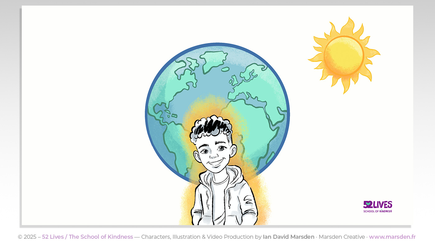 Cartoon boy glows warmly in front of the Earth and the sun, symbolizing the power of kindness.
