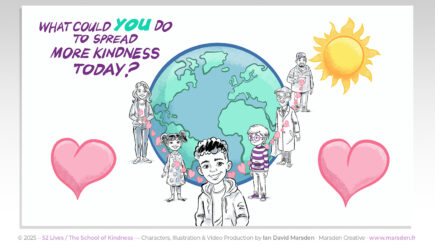 Characters stand around the Earth as hearts and sunshine surround them, from kindness explainer video.