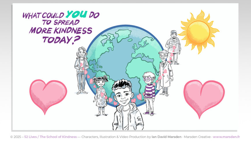 Characters stand around the Earth as hearts and sunshine surround them, from kindness explainer video.