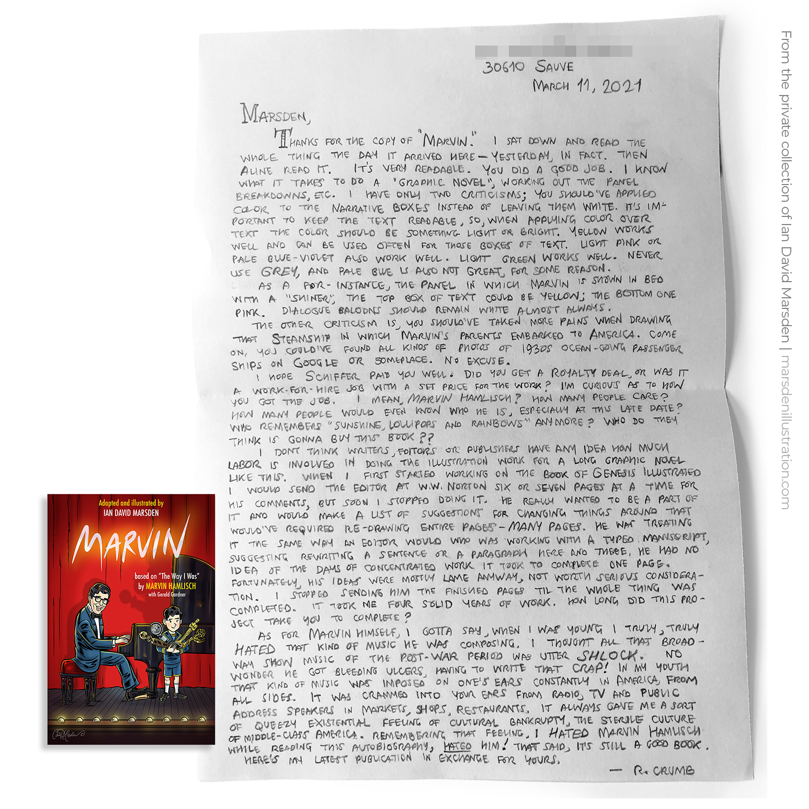 Handwritten 2021 letter from Robert Crumb critiquing Ian David Marsden’s graphic novel “Marvin,” shown alongside the book’s cover.