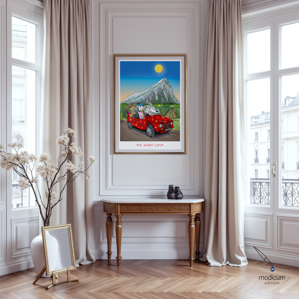 Affiche du Pic Saint-Loup montrant un loup cartoon français dans les vignobles de l’Hérault, illustration dessinée à la main, exposée dans un appartement français lumineux.