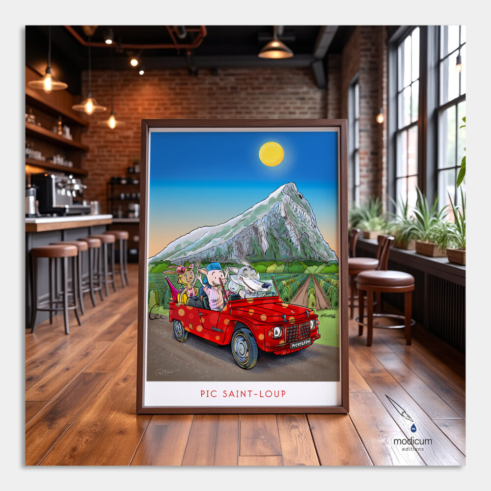 French cartoon wolf poster displayed in a cafe interior inspired by Montpellier and the Pic Saint Loup vineyards illustrated by Ian David Marsden