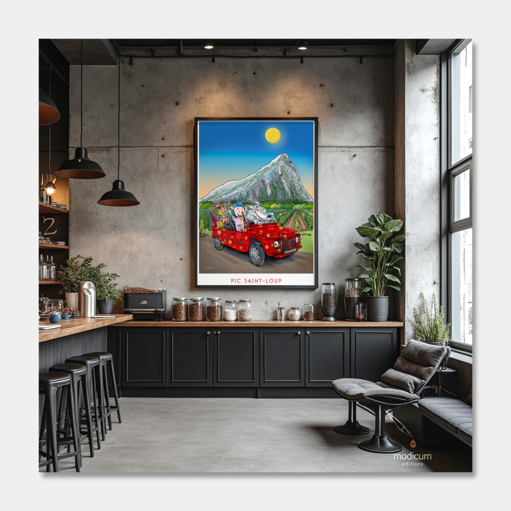 French cartoon wolf poster displayed in a modern cafe interior inspired by Montpellier and the Pic Saint Loup vineyards hand illustrated by Ian David Marsden