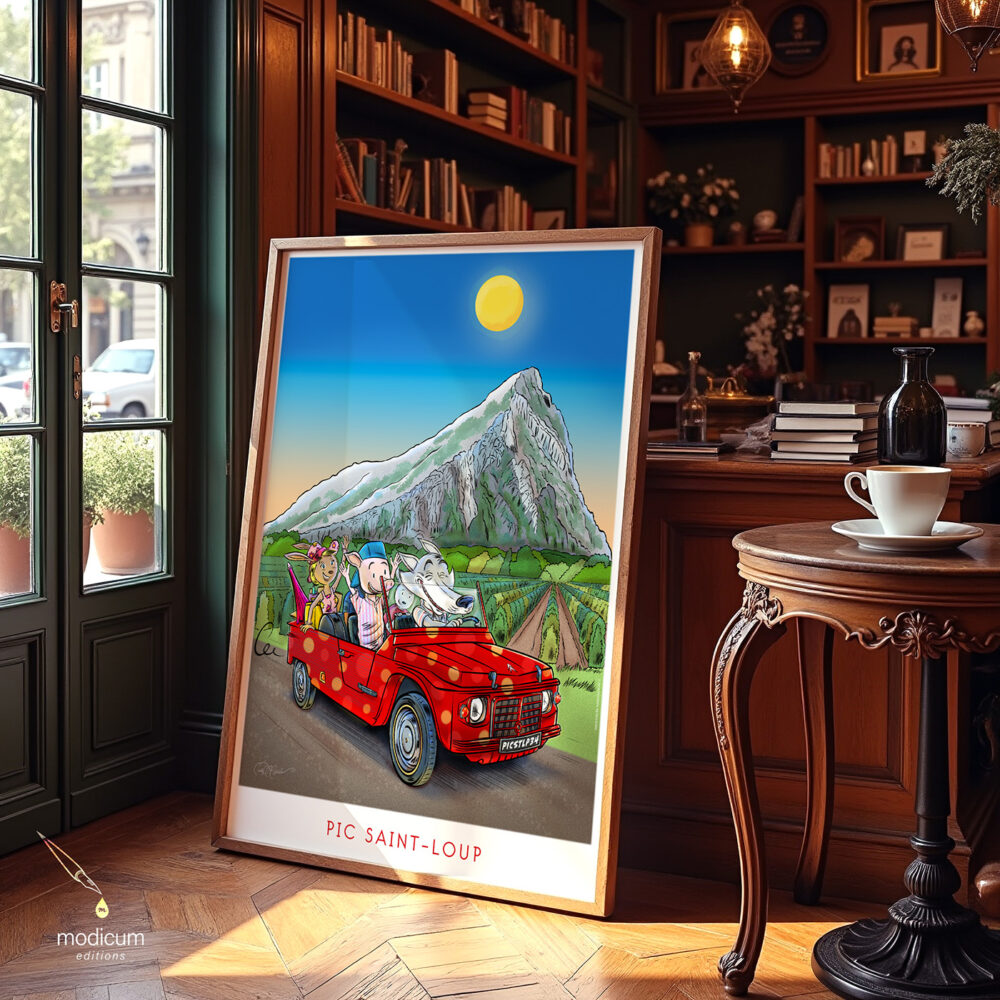 French cartoon wolf poster displayed in a Montpellier bookshop cafe featuring Pic Saint Loup vineyards hand illustrated by Ian David Marsden