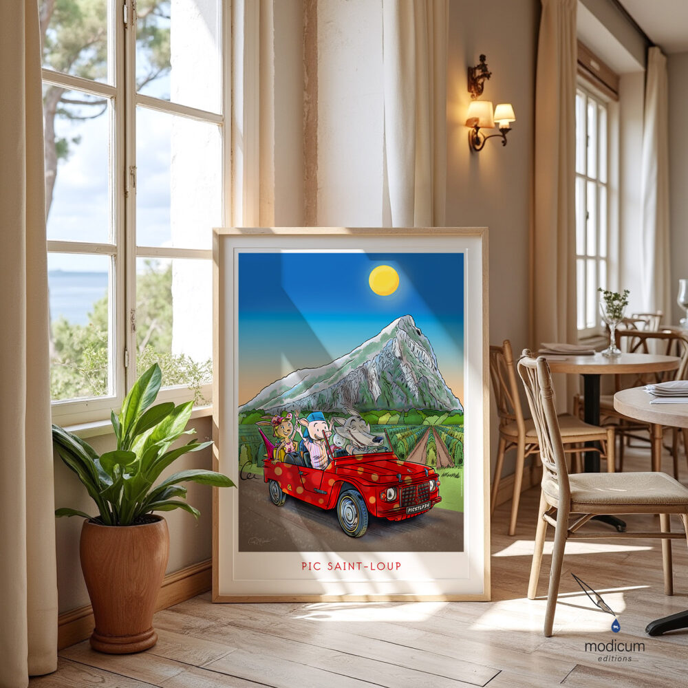 Hand drawn French wolf cartoon poster in a restaurant interior with Pic Saint Loup mountain near Montpellier