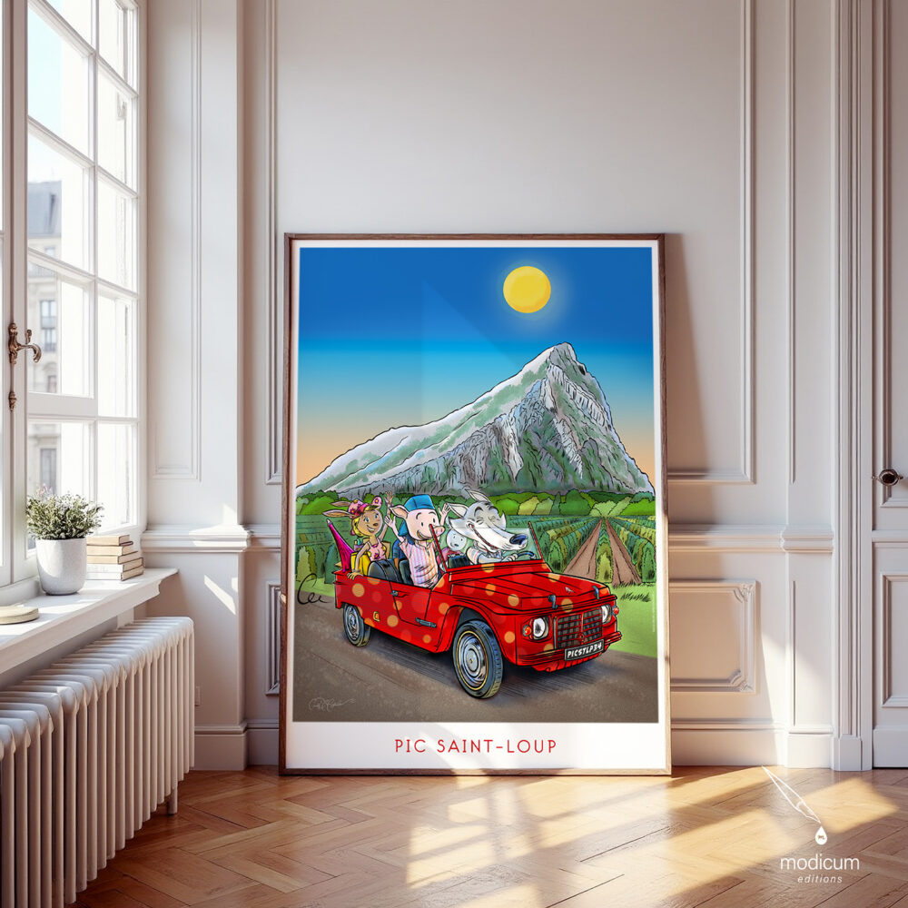 Affiche illustrée représentant un loup français dans une Citroën Méhari rouge devant le Pic Saint-Loup, dessinée à la main par Ian David Marsden, posée au sol dans un intérieur français baigné de lumière naturelle.