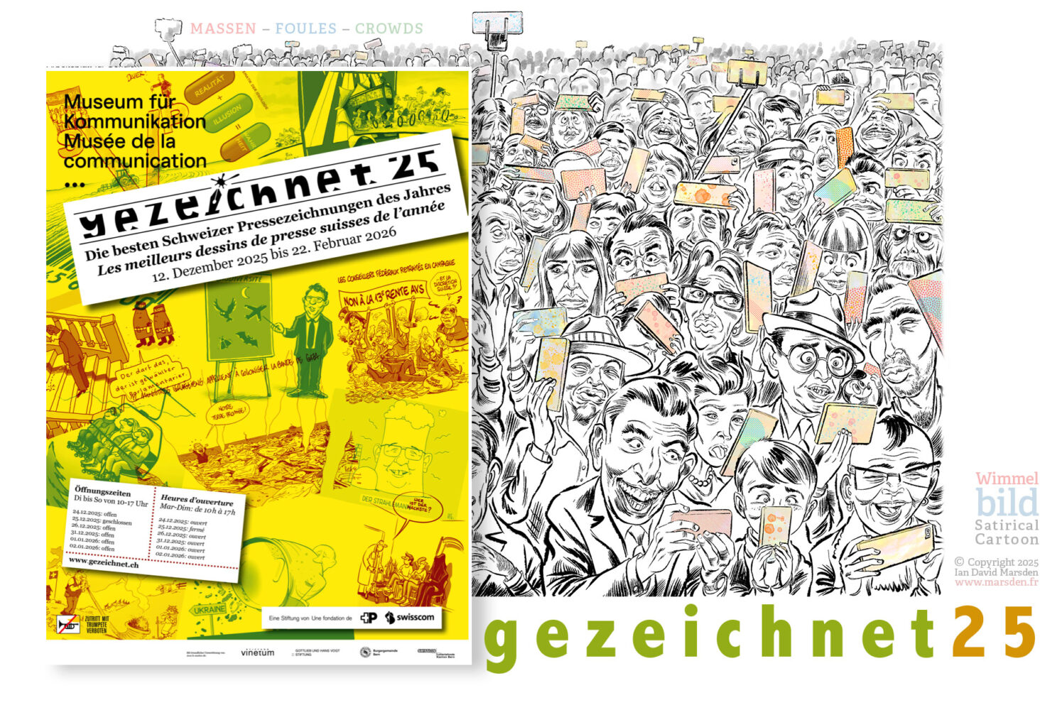 Illustration von Ian David Marsden für Gezeichnet 2025 – Schweizer Pressezeichner Ausstellung im Museum für Kommunikation Bern