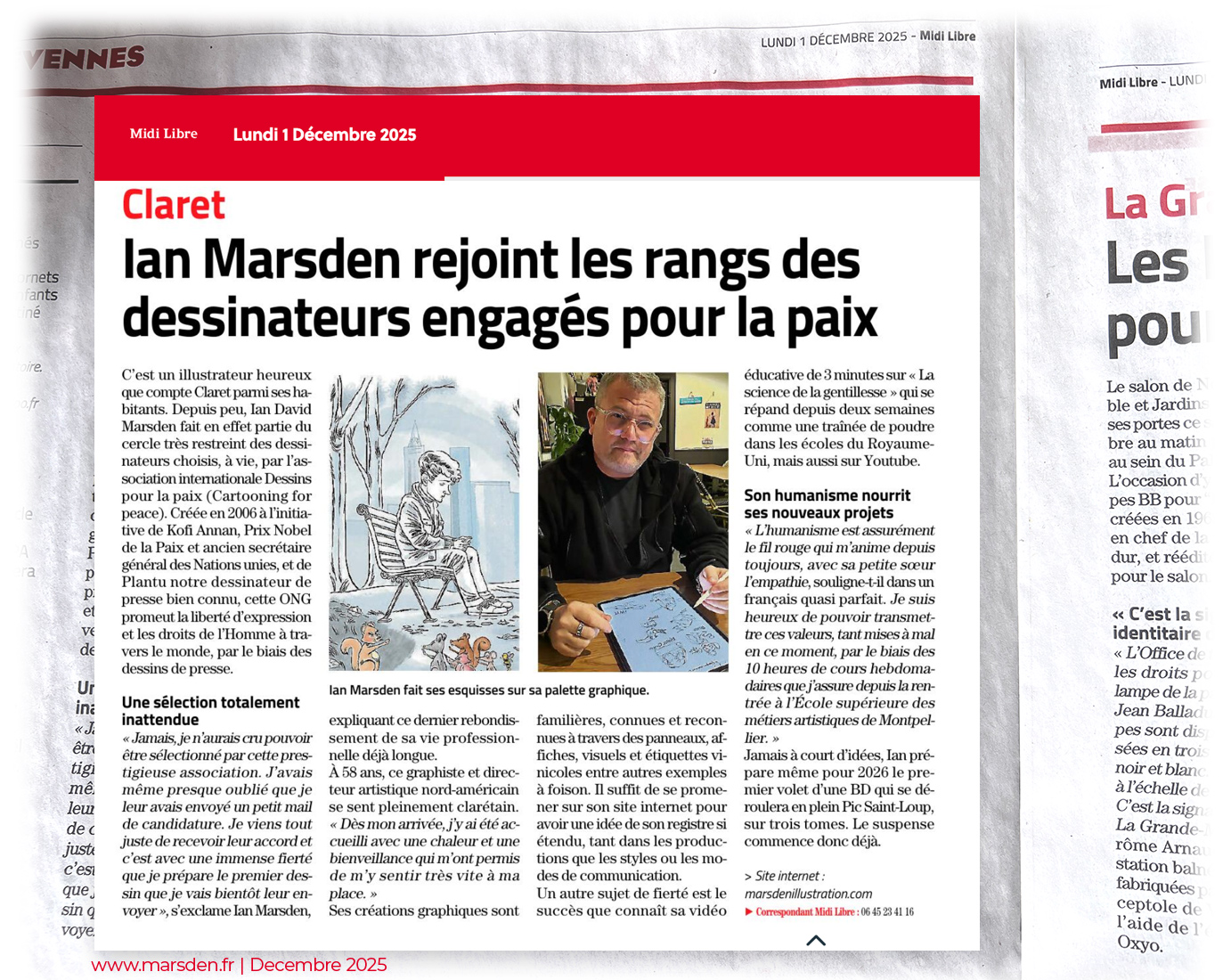 Article du Midi Libre présentant l’illustrateur et dessinateur de presse Ian David Marsden, installé à Claret près de Montpellier, rejoignant Cartooning for Peace et présentant ses travaux d’illustration, BD et vidéos éducatives.